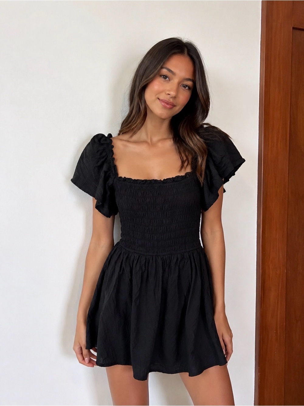 TCEC Black Smocked Puff-Sleeve Mini Dress